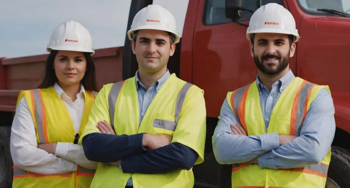 Two guys and a girl standing in branded workwear