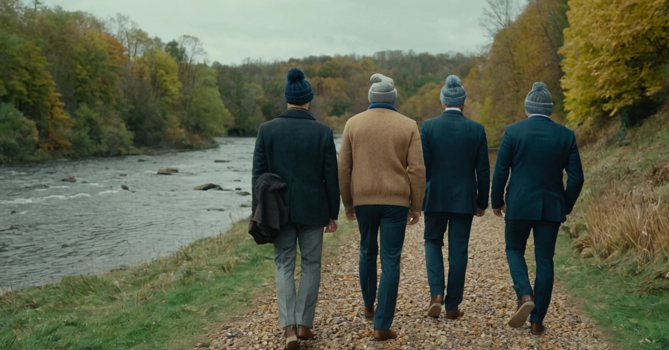 Guys wearing Knitweat Beenies and Jerseys - Walking down the river bank