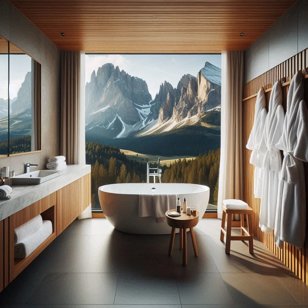 Bathrobes with towels and hand towels in hotel bathroom