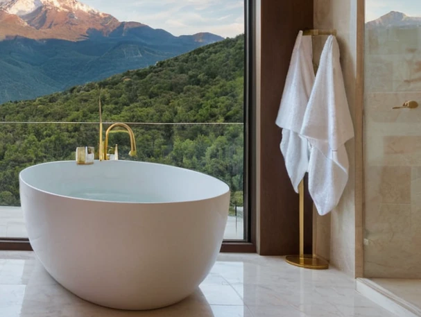 Bath sheets in a hotel bathroom with a mountain view
