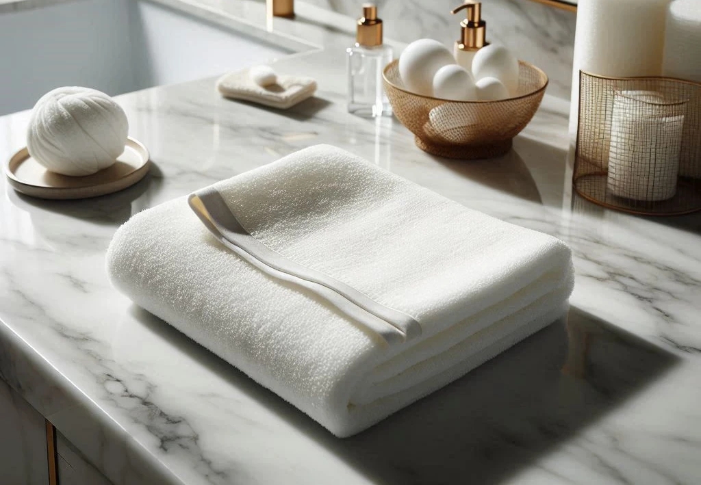 Face cloth on a counter next to a hand towel