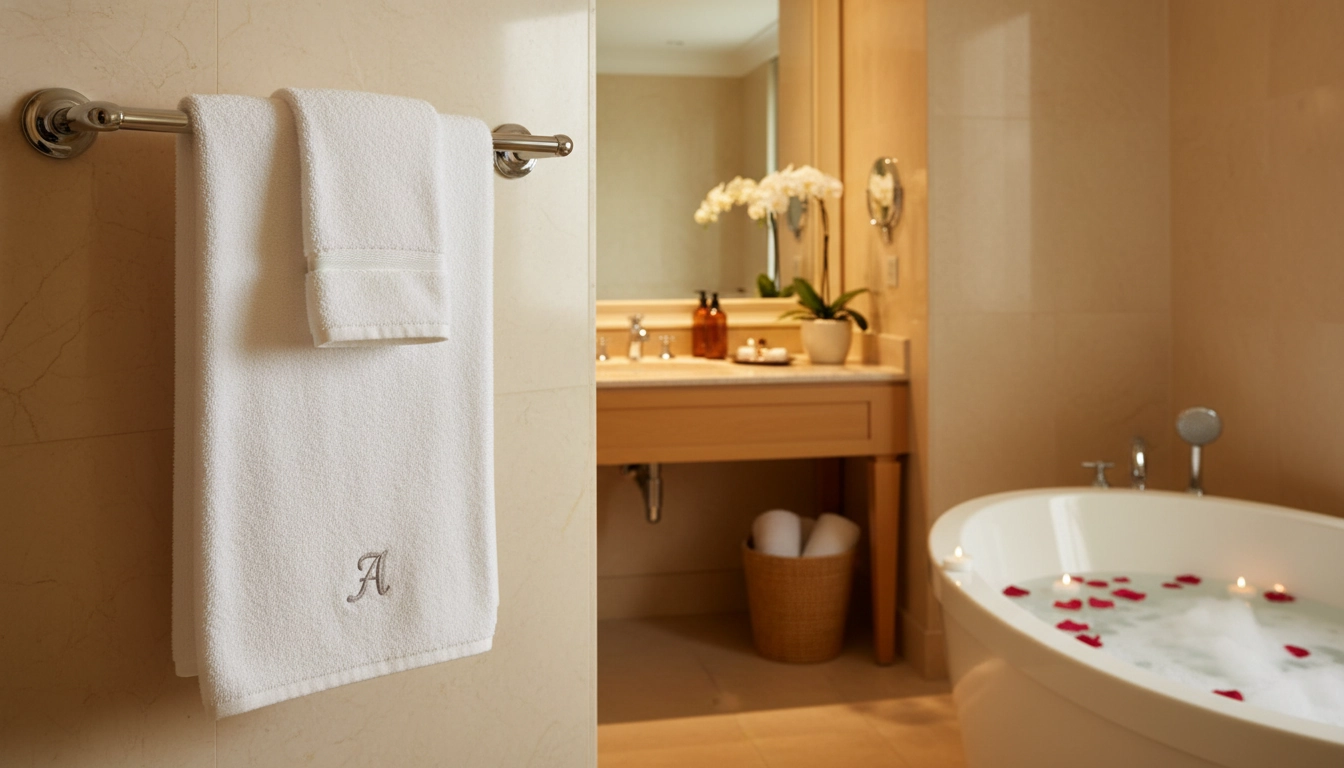 Embroided Towles on display in Hotel Bathroom