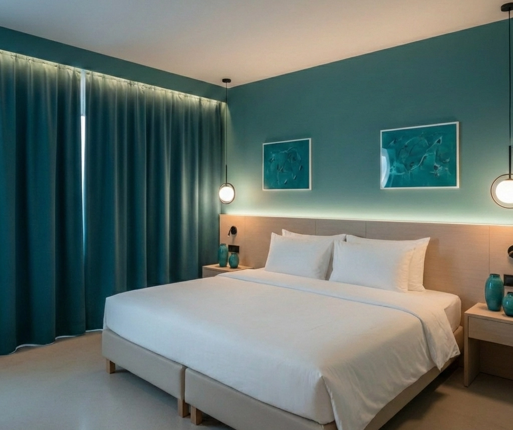 A king sized bed with white guesthouse bedding